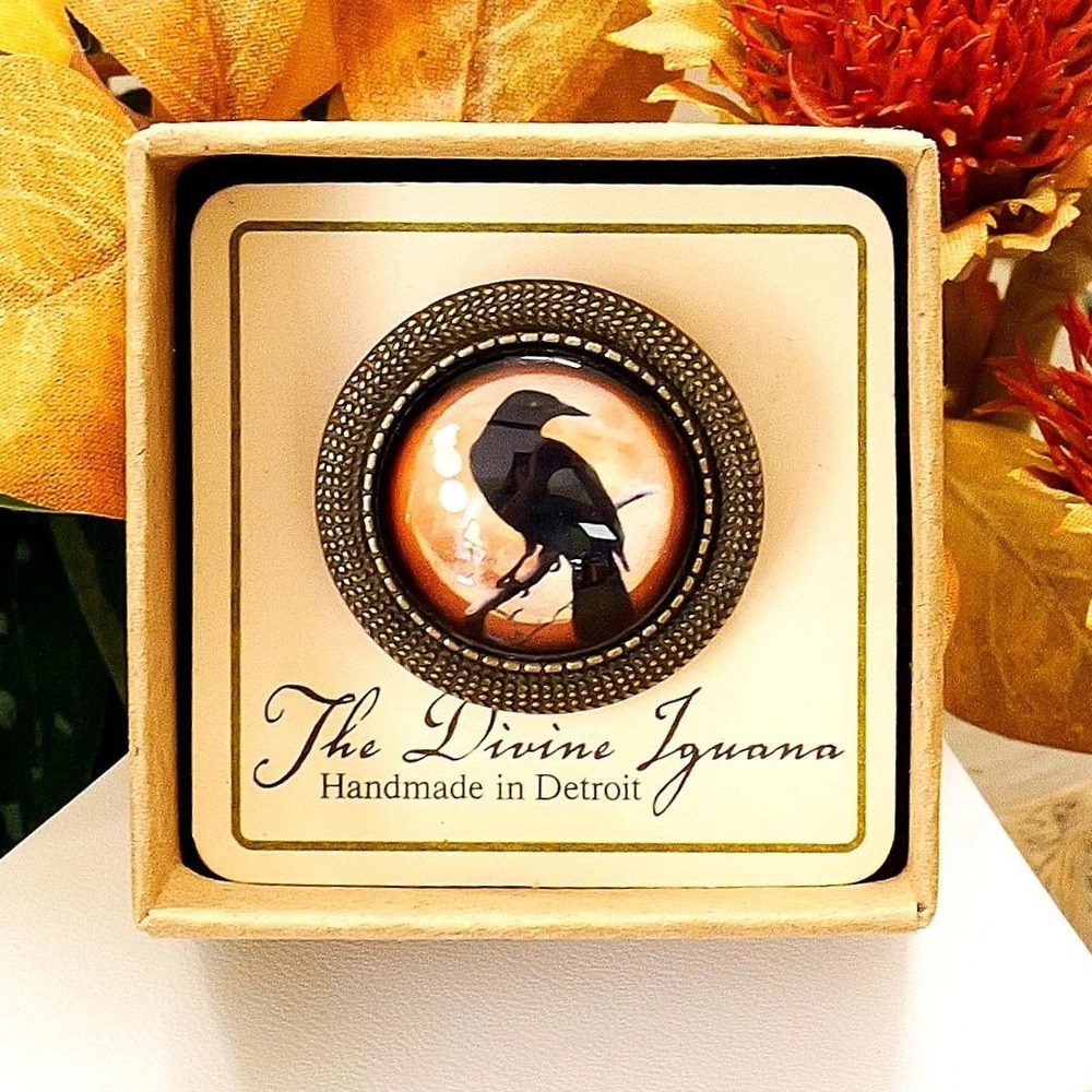 Orange Raven Brooch Gothic Halloween Crow Moon Vintage Bronze Pin Handmade Gift